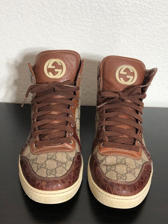 Gucci Other - SOLD Gucci 224778 GG Imprime High Top Authentic Brown Crocodile Trim Men’s 8.5